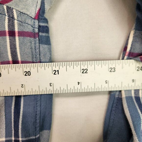 Woolrich Button Down Flannel Shirt Womens Sz L Blue Pink Plaid Long Tab Sleeve - Picture 3 of 7